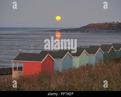 Münster am Meer, Kent, Großbritannien. 24 Sep, 2018. UK Wetter: Der Vollmond steigt über die Klippen und bunten Badekabinen von Münster am Meer, Kent. Credit: James Bell/Alamy leben Nachrichten Stockfoto