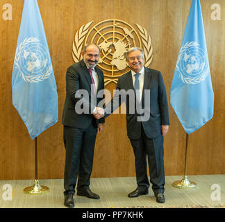 New York, NY - 24. September 2018: Generalsekretär Antonio Guterres erfüllt Nikol Pashinyan Premierminister der Republik Armenien am Sitz der Vereinten Nationen Quelle: Lev radin/Alamy leben Nachrichten Stockfoto