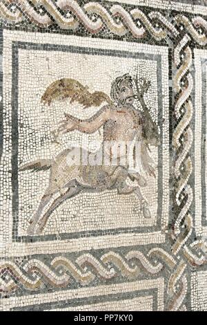 Spanien. Italica. Römische Stadt gegründet ca. 206 v. Chr.. Haus des Planetariums. Mosaik von Bacchus und Ariadne. Zentaur. Andalusien. Stockfoto