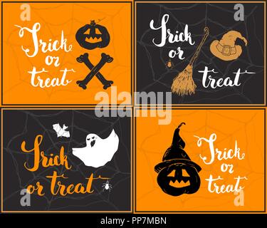 Halloween Grußkarten. Schrift Kalligraphie Zeichen und von Hand gezeichnete Elemente, Party Einladung oder holiday Banner Design Vector Illustration. Stock Vektor