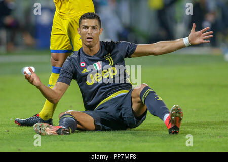 Frosinone, Italien. 23 Sep, 2018. 23. September 2018, Stadio Benito Stirpe, Frosinone, Italien, Serie A Fußball, Frosinone gegen Juventus Turin; Cristiano Ronaldo von Juventus Turin appelliert an Schiedsrichter Credit: Giampiero Sposito/Pacific Press/Alamy leben Nachrichten Stockfoto