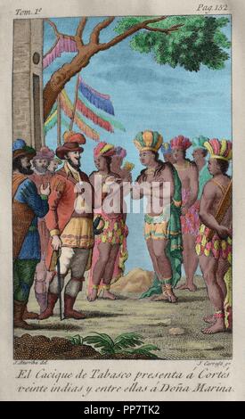 Cacique Tabasco präsentiert zwanzig indischen Hernan Cortes und zwischen sie Dona Marina. Kupferstich, 1825. Farbige. Stockfoto