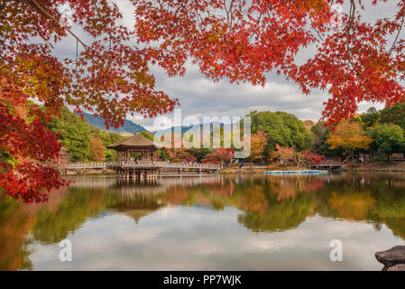 Touristen besuchen Nara öffentlichen Park im Herbst, mit Ahorn Blätter, Teich und alten Pavillon Stockfoto