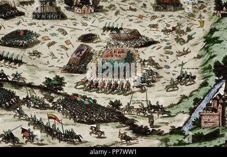 Schlacht von Moncontour, Naturgewalten 3 Oktober 1569 zwischen der katholischen König Charles IX von Frankreich und die Hugenotten während des Dritten Krieges (1568-1570) der französischen Kriege der Religion. Gravur. Farbige. Stockfoto