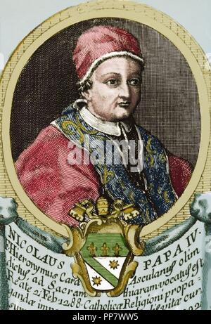 Papst Nikolaus IV. (1227-1227). Geboren Girolamo Masci. Papst von 1288-1292. Porträt. Gravur. Farbige. Stockfoto