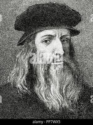 Leonardo da Vinci (1452-1519). Italienischen Universalgelehrten für seine Werke in der Erfindung, Malerei, Bildhauerei, Architektur, Wissenschaft, Musik, Mathematik, Technik, Literatur, Anatomie, Geologie, Astronomie, Botanik, Schreiben, Geschichte bekannt, und Kartographie. Renaissance. Porträt. Stich von J. Dieguez. 'La Ilustracio n Arti stica", 1896. Stockfoto