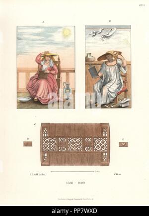Frauen von Venedig stirbt ihr Haar mit einem "Solana" (ein Hut mit breiter Krempe mit einem Loch in der Mitte), eines mit einem Schwamm ein, und eins mit Kamm vor einem Spiegel nach Cesare Vecellio B, und Holz kamm C. Chromolithograph von Hefner-Alteneck's Kostüme, Kunstwerke und Geräte vom Mittelalter bis in das 17. Jahrhundert, Frankfurt, 1889. Illustration von Dr. Jakob Heinrich von Hefner-Alteneck, Lithographiert von C. Regnier. Dr. Hefner-Alteneck (1811-1903) war eine Deutsche, die die Kuratorin des Museums, Archäologe, Kunsthistoriker, Zeichner und Kupferstecher. Stockfoto