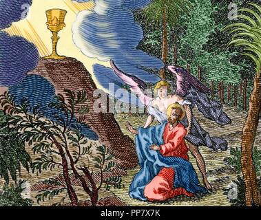 Neuen Testaments. Matthew. Kapitel 26. Jesus betet im Garten Gethsemane. Ein Engel erscheint ihm Trost zu spenden. Gravur. Farbige. Stockfoto