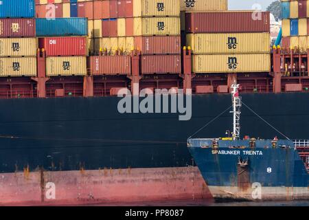 Contenedores de el Puerto Bahía de Algeciras, Andalusien, Spanien. Stockfoto