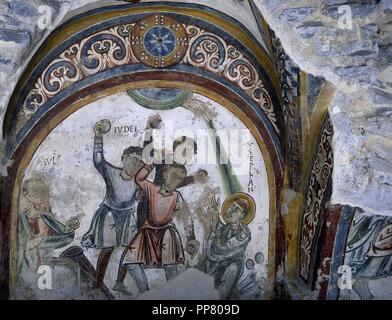 Saint Stephen (d. 34), der erste Märtyrer der Christenheit. Mittelalterliche Fresken aus dem 11. Jahrhundert. Steinigung von st. Stephen. Novalesa Abbey, Provinz Turin, Italien. Stockfoto