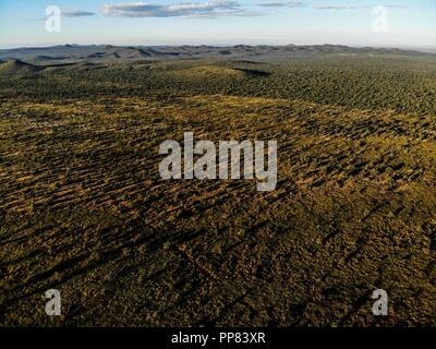 Luftaufnahme der grünen Landschaft in der Gemeinde Carbó, Sonora. 21. Sep 2018. Panorama.... Dawn, Amanecer. Vista aerea de Verde paisaje en el Muni Stockfoto