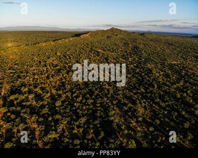 Luftaufnahme der grünen Landschaft in der Gemeinde Carbó, Sonora. 21. Sep 2018. Panorama.... Dawn, Amanecer. Vista aerea de Verde paisaje en el München Stockfoto