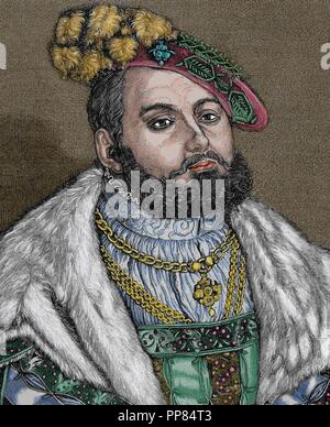 John Frederick rief ich (1503-1554), John der großmütige, Kurfürst von Sachsen und Leiter des Bundes der deutschen Protestanten. Gravur. Porträt. Farbige. Stockfoto