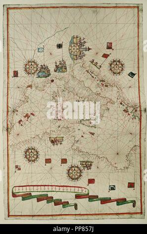 PORTOLAN Atlas of the World von Joan Martines (1556-1590). Messina, 1587. Westliches Mittelmeer. Nationalbibliothek. Madrid. Spanien. Stockfoto