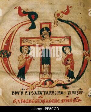 Romanik. Codice. Missale Parvum. Ca. 1075-1100. Caroline minuscule sript. Historisierende initeal: Kreuzigung. Von Girona. Bischöfliche Museum von Vic. Katalonien, Spanien. Stockfoto