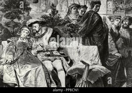 Heinrich VIII. (1491-1547). König von England. Heinrich VIII. mit Anne Boleyn (1501-1536) am Palast von Kardinal Wolsey. Kupferstich nach dem Gemälde von Karl von Piloty, 19. Jahrhundert. Stockfoto