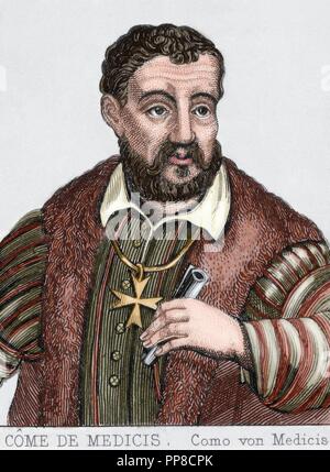 Cosimo ich de Medici (1519-1574). Großherzog von Toskana und Herzog von Florenz. Porträt. Gravur. Farbige. Stockfoto