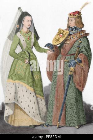 Holy Roman Emperor Maximilian I (1459-1519) mit seiner Gemahlin Maria von Burgund (1457-1482). Gravur. Farbige. Stockfoto