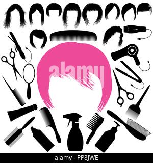 Ein Satz mit Schattenrissen von Frisuren und Friseur. Lange und kurze Frisuren und alles, was Sie von einem Friseur, Schere, Fön benötigen, c Stock Vektor