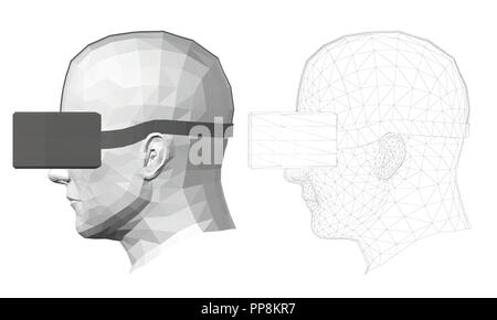 Polygonale Kopf eines Menschen in der virtuellen Realität Gläser. Von der Seite. Der Kopf eines Mannes in Schwarz Gläser der virtuellen Realität 3D. Mesh über den Kopf. Zwei h Stock Vektor