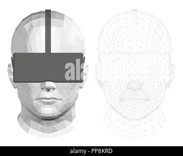 Polygonale Kopf eines Menschen in der virtuellen Realität Gläser. Vorderansicht. Der Kopf eines Mannes in Schwarz Gläser der virtuellen Realität 3D. Mesh über den Kopf. Zwei Stock Vektor