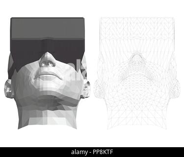 Polygonale Kopf eines Menschen in der virtuellen Realität Gläser. Vorderansicht. Der Kopf eines Mannes in Schwarz Gläser der virtuellen Realität 3D. Mesh über den Kopf. Zwei Stock Vektor