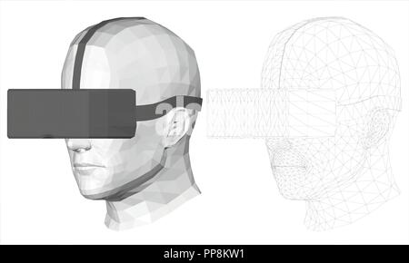 Polygonale Kopf eines Menschen in der virtuellen Realität Gläser. Isometrie. Der Kopf eines Mannes in Schwarz Gläser der virtuellen Realität 3D. Mesh über den Kopf. Zwei er Stock Vektor