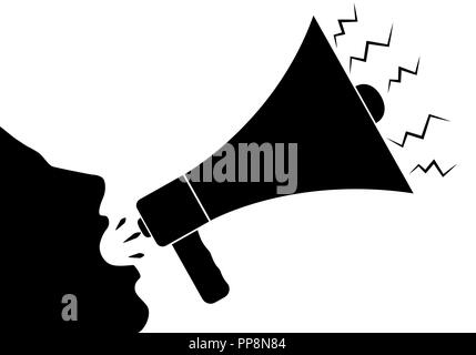 Die Umrisse des Gesichts des Mannes durch einen Lautsprecher zu schreien. Vector Illustration. Stock Vektor