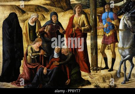 Unbekannter Maler von Verona, im letzten Viertel des 15. Jahrhunderts aktiv. Kreuzigung, 1490 / 93. Renaissance. Detail: Jungfrau Maria des Klopas, Mary Magdalene, Saint John. Museo di Capodimonte. Neapel, Italien. Stockfoto