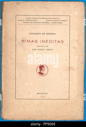 Portada del Libro de poemas Rimas inéditas, de Fernando Herrera (1534-1597), poeta Andaluz. Madrid, 1948. Stockfoto