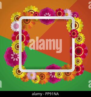 Feder congratulatory floral background. Festliche Papier Blumen auf einem Square Light Frame. Trendy grün und orange hinterlegt. Vektor mit Grußkarte Stock Vektor