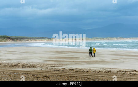 Paar in einem sandsturm an llanddwyn Beach, Rhosneigr, Isle of Anglesey, North Wales, UK. Am 21 Septembe 2018 genommen. Stockfoto