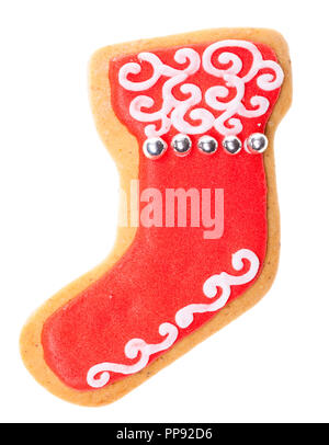 Red christmas Stocking sugar Cookie auf weißem Hintergrund Stockfoto