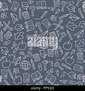 Nahtlose Hintergrund mit Schule Objekt Symbol und Symbole. Bildung Hintergrund doodle. Stock Vektor