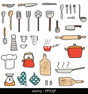 Küchenutensilien Symbole Vektor einrichten. Cute Küchengeräte doodle Hand gezeichneten Stil. Stock Vektor