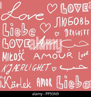 Liebe Worte in verschiedenen Sprachen - Vector Illustration handschriftlichen Text. Stock Vektor