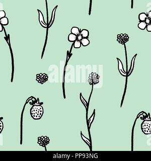 Schrullige floral background Textur - retro style Anlage Abbildung. Blumen und wilde Erdbeeren. Stock Vektor