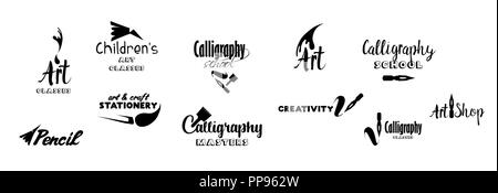 Kunst Klassen Schriftzug Logo Design. Kalligraphie Schule, Meister, Handwerk shop Logo mit Hand, kalligraphische Schriften. Black Metal Laser Cut Kollektion. Kunst und Kreativität dem Schriftzug. Isolierte Vektor Stock Vektor