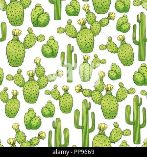 Mexikanischer Kaktus nahtlose Muster. Grüne Farbe. Stacheln oder Dornen und Blüten. Genießbare Esculent wie Saguaro Kakteen, indische Abb. oder Mammillaria. Latin Theme für Tapeten und Textilien Textildruck Design Stock Vektor