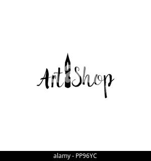 Kunst speichern Schriftzug logo isolierte Design. Craft Shop Schild mit Kalligraphischen Stift-, Pinsel- Schriftart. Black Metal Laser geschnitten. Ccreativity Schriftzug für store Layout oder Branding. Isolierte Vektor Stock Vektor
