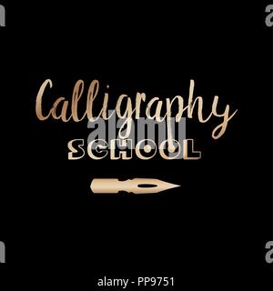 Kunst Klassen goldenen Schriftzug Logo Design. Kalligraphie Schule und on-line-Ausbildung mit Bronze HANDDRAWN Schriften. Gold Metall kalligraphischen Stift Zeichen auf schwarzem Hintergrund. Isolierte vektor Schriftzug Stock Vektor