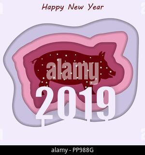Frohes neues Jahr 2019 Sternzeichen mit Papier schneiden Kunst Schwein Vektor Stock Vektor