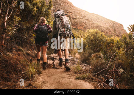 Rückansicht der jungen Männer und Frauen zu Fuß durch einen Berg Trail. Junge Leute mit Rucksäcken wandern in Berg. Stockfoto