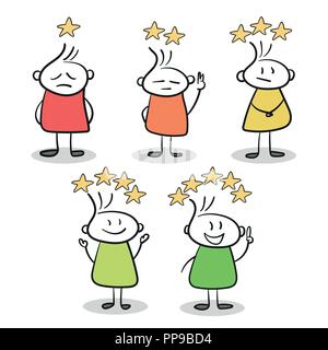 Skizze der kleinen Leute mit Stars der Bewertung. Hand cartoon Vector gezeichnet Stock Vektor