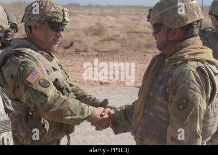 Generalmajor Greg Lusk, der Adjutant General von der North Carolina National Guard, grüßt ein Gefährte Guard Soldat der 1 Bataillon, 120 Infanterie Regiment, North Carolina National Guard, die in Betrieb Hickory Sting beteiligt ist an Ft. Bliss, Texas, 14. August 2018. Betrieb Hickory Sting ist eine exportierbare Kampftraining Fähigkeit Programm, Herausforderung und Vorbereitung der Soldaten auf allen Spezialität Fähigkeiten mehr tödlich zu sein, wirksame und taktisch geübt im Job. ( Stockfoto