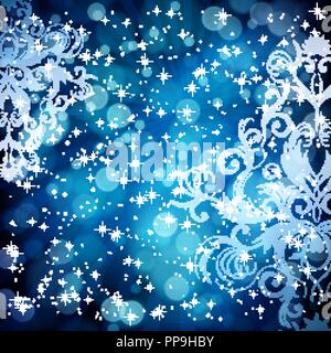 Abstrakte florale Muster auf blauem Hintergrund, aus transparentem Strahlen, Sterne, Bokeh. Magische fantasy Blumen design Karte. Vector Illustration. Stock Vektor