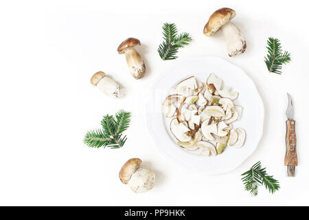 Herbst gestaltete Verpflegung. Zusammensetzung der ganze und aufgeschnittene porcino Pilze, Boletus edulis auf weiße Platte, Tannenzweigen und Taschenmesser. Weißem Hintergrund. Herbst Design, Flach, Ansicht von oben Stockfoto