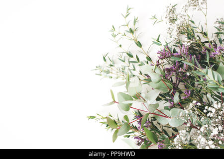 Hochzeit, Geburtstag gestaltete Foto. Weibliche Szene, blumige Komposition. Bündel von Eukalyptus Zweige, Baby's Atem Gypsophila und limonium Blumen. Weißem Hintergrund. Flach, Ansicht von oben. Stockfoto