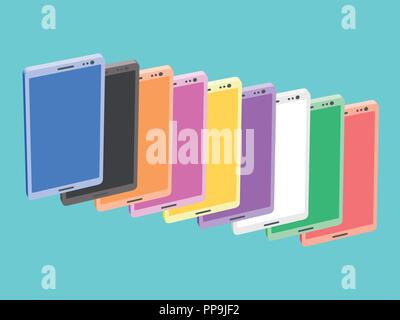 Mehrere Telefone in verschiedenen Farben. Bunte Hintergrund mit Telefonen mit Farbe für jeden Geschmack. Vector Illustration. Stock Vektor