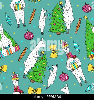 Süße Hand gezeichnet nahtlose Muster mit schönen Lamas Vorbereitung für das Neue Jahr. Kinder- Stil. Stock Vektor